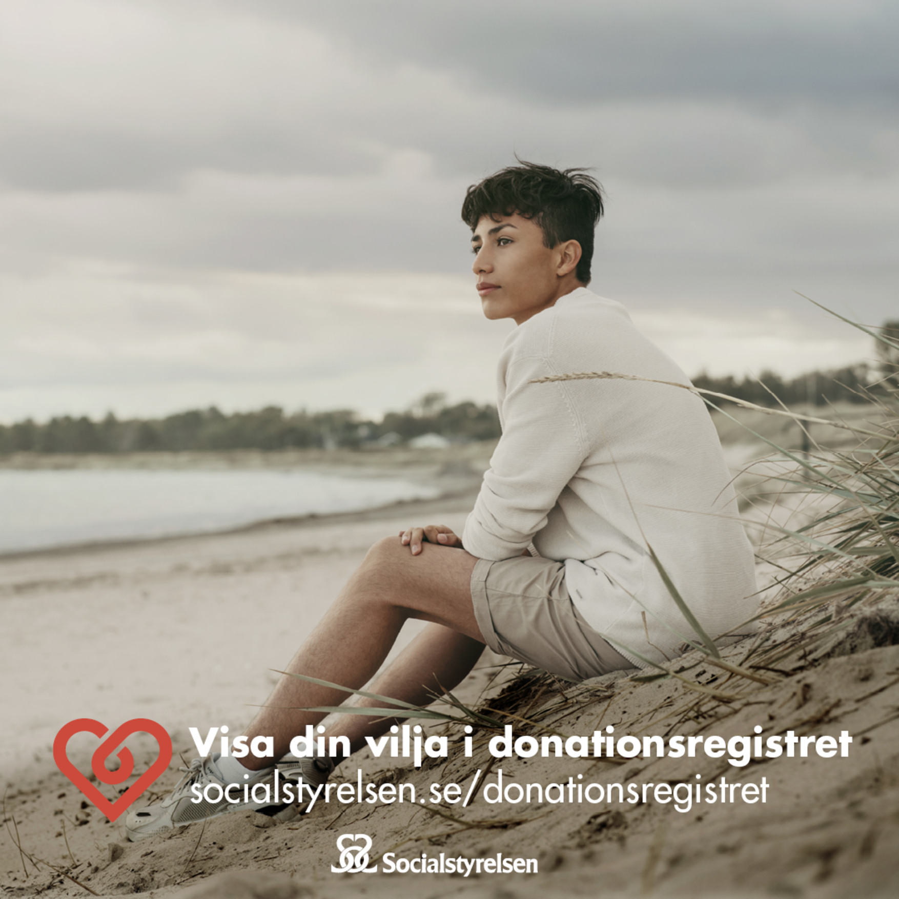 En tonårspojke sitter på en sandstrand och tittar ut över vattnet.  Text: Visa din vilja i donationsregistret, socialstyrelsen.se/donationsregistret. Socialstyrelsens logga.